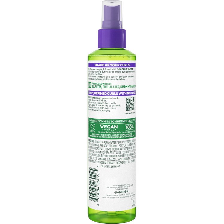 Back of curl spray gel bottle with instructions and ingredients.